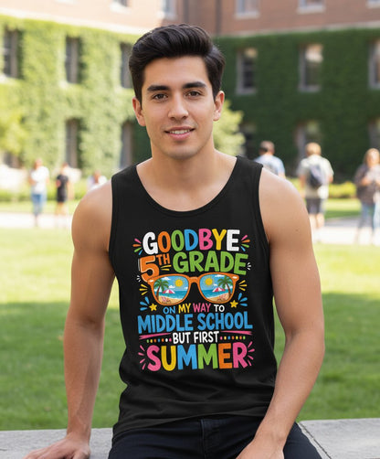 Goodbye 5th Grade on My Way to Middle School but First Summer Tank Top - lifestyle model mockup - Black