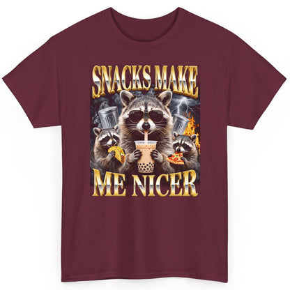 SNACKS MAKE ME NICER Funny Raccoon T-Shirt - product mockup - Maroon