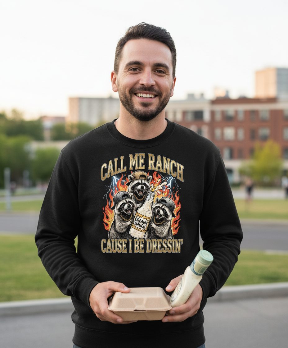 Call Me Ranch Cause I Be Dressin' raccoons Sweatshirt Black lifestyle mockup