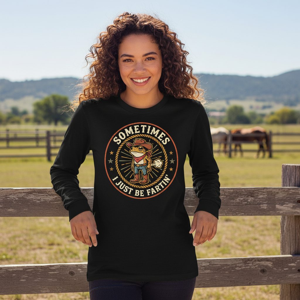 Sometimes I Just Be Fartin' cowboy frog Long Sleeve Tee Black lifestyle mockup