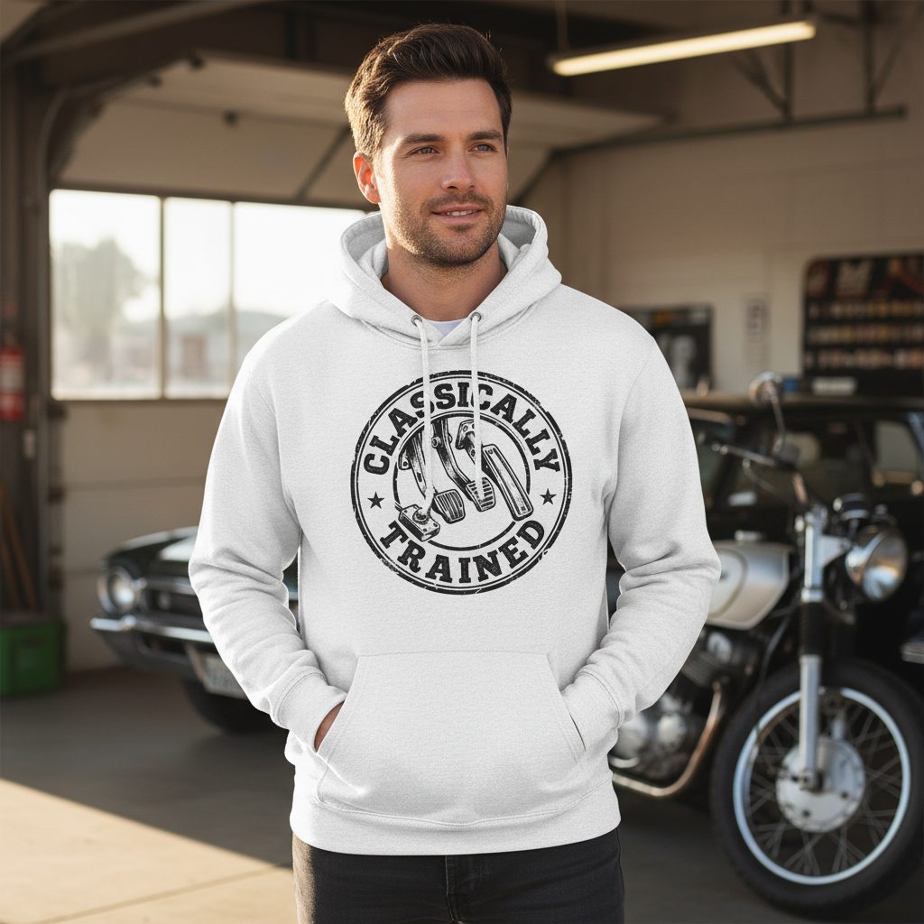 Classically Trained Vintage Manual Transmission Hoodie - lifestyle model mockup - White