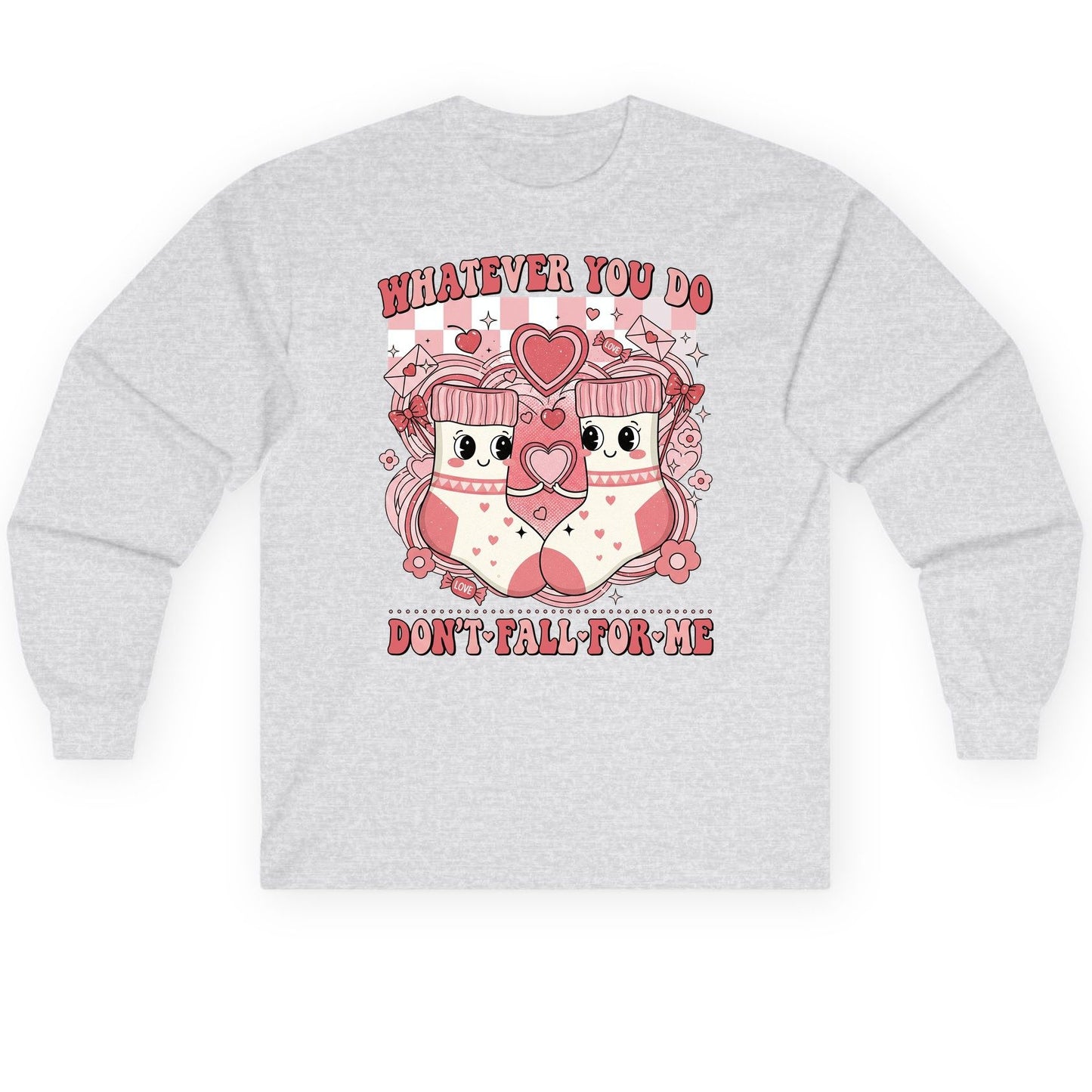 Whatever You Do Don't Fall for Me anti-Valentine's Day Long Sleeve Tee Ash product mockup
