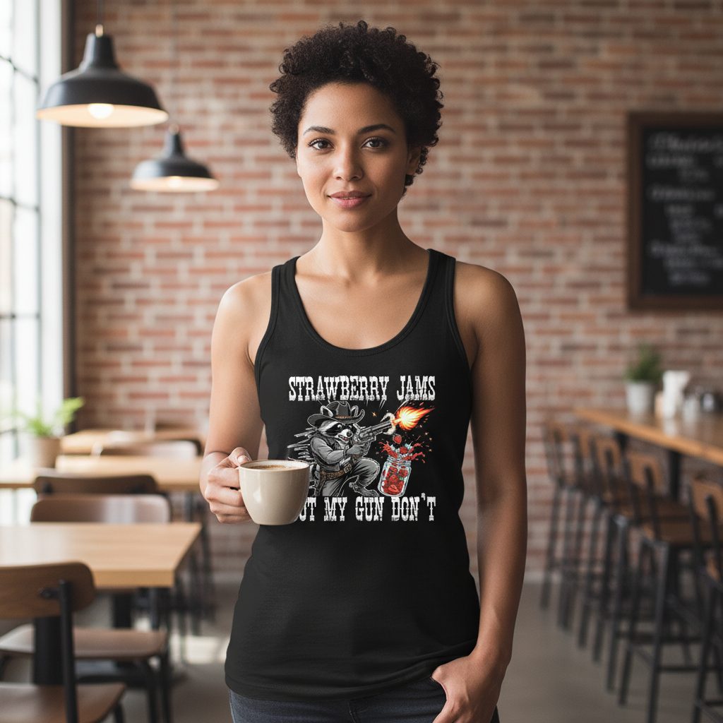 Strawberry Jams but My Gun Don't raccoon Tank Top Black lifestyle mockup