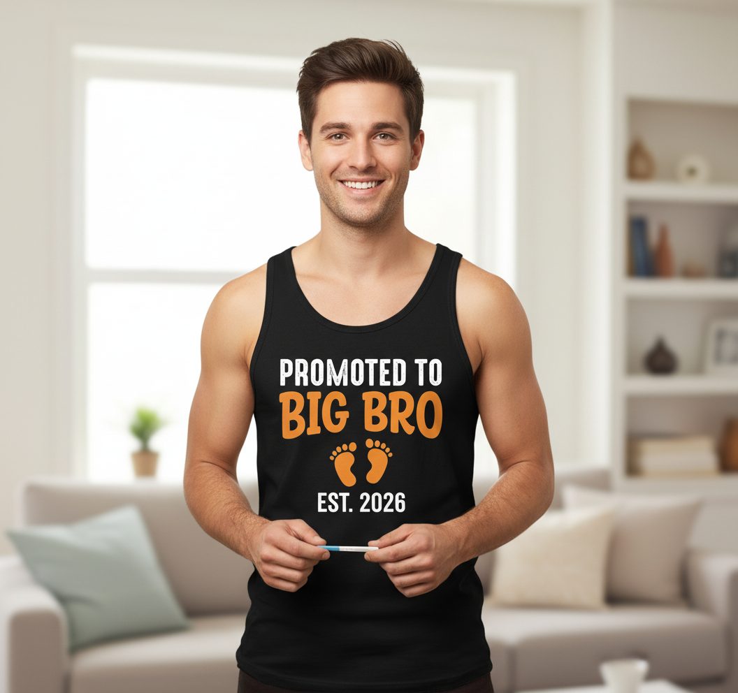 Promoted TO BIG BRO EST 2026 Pregnancy Announcement Tank Top - lifestyle model mockup - Black
