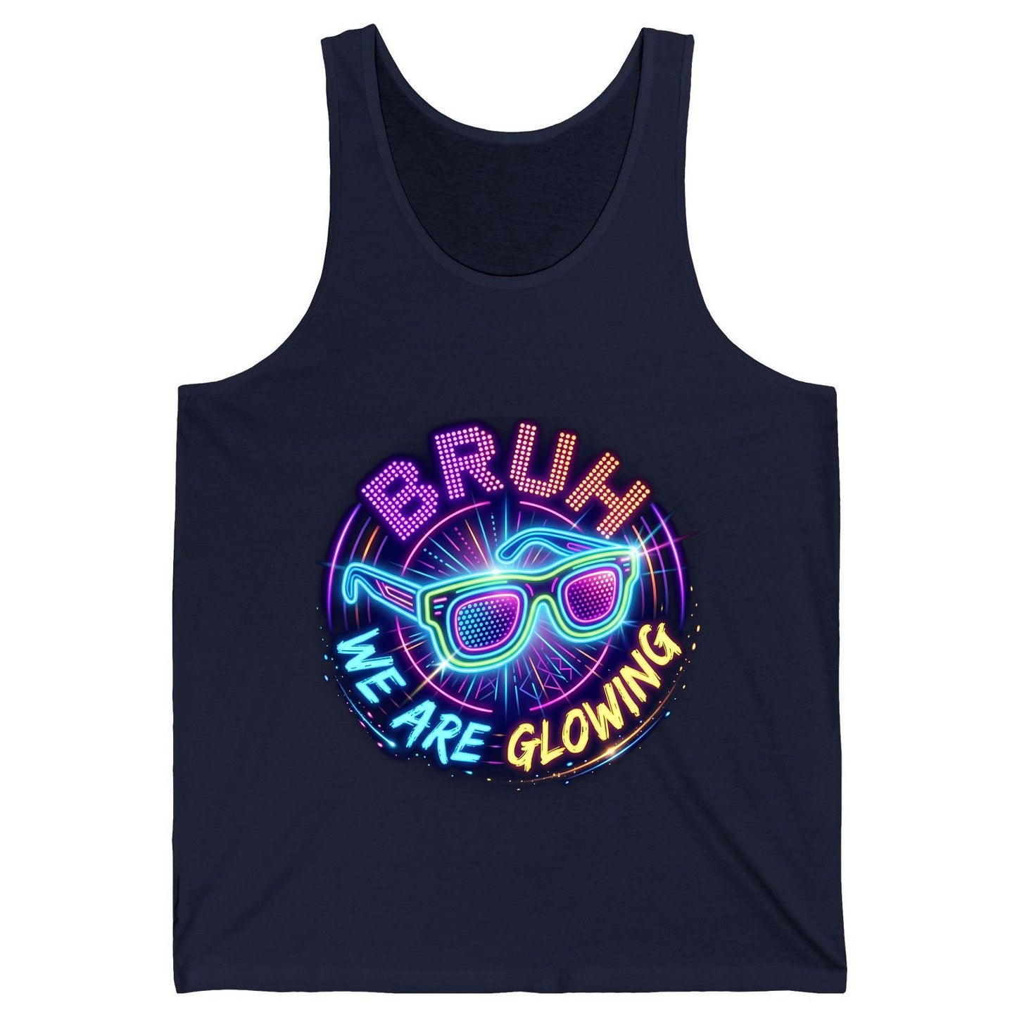 BRUH WE ARE GLOWING Neon Party Tank Top Navy product mockup