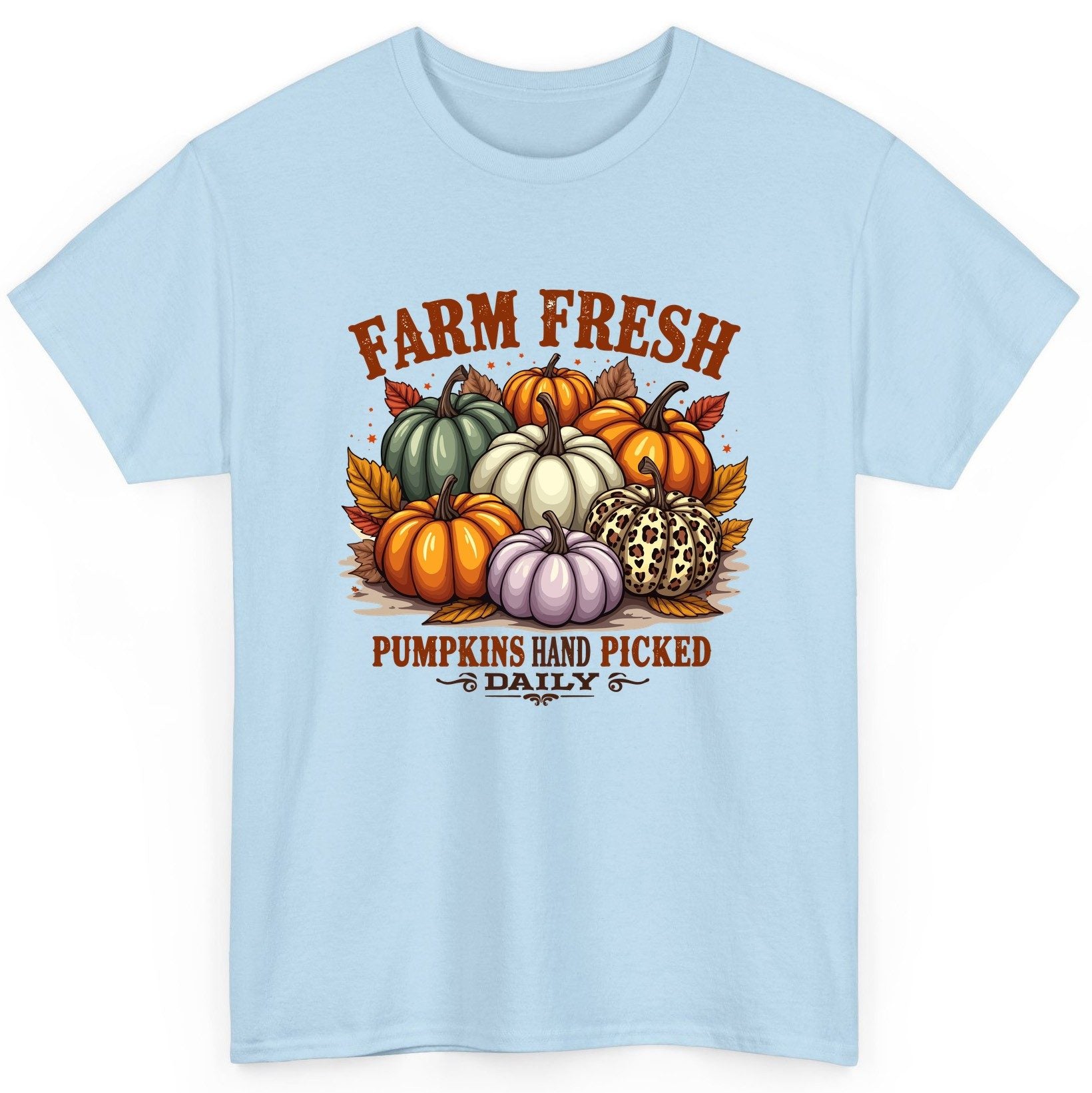 Farm Fresh Pumpkins Hand Picked Daily autumn pumpkins T-Shirt Light Blue product mockup