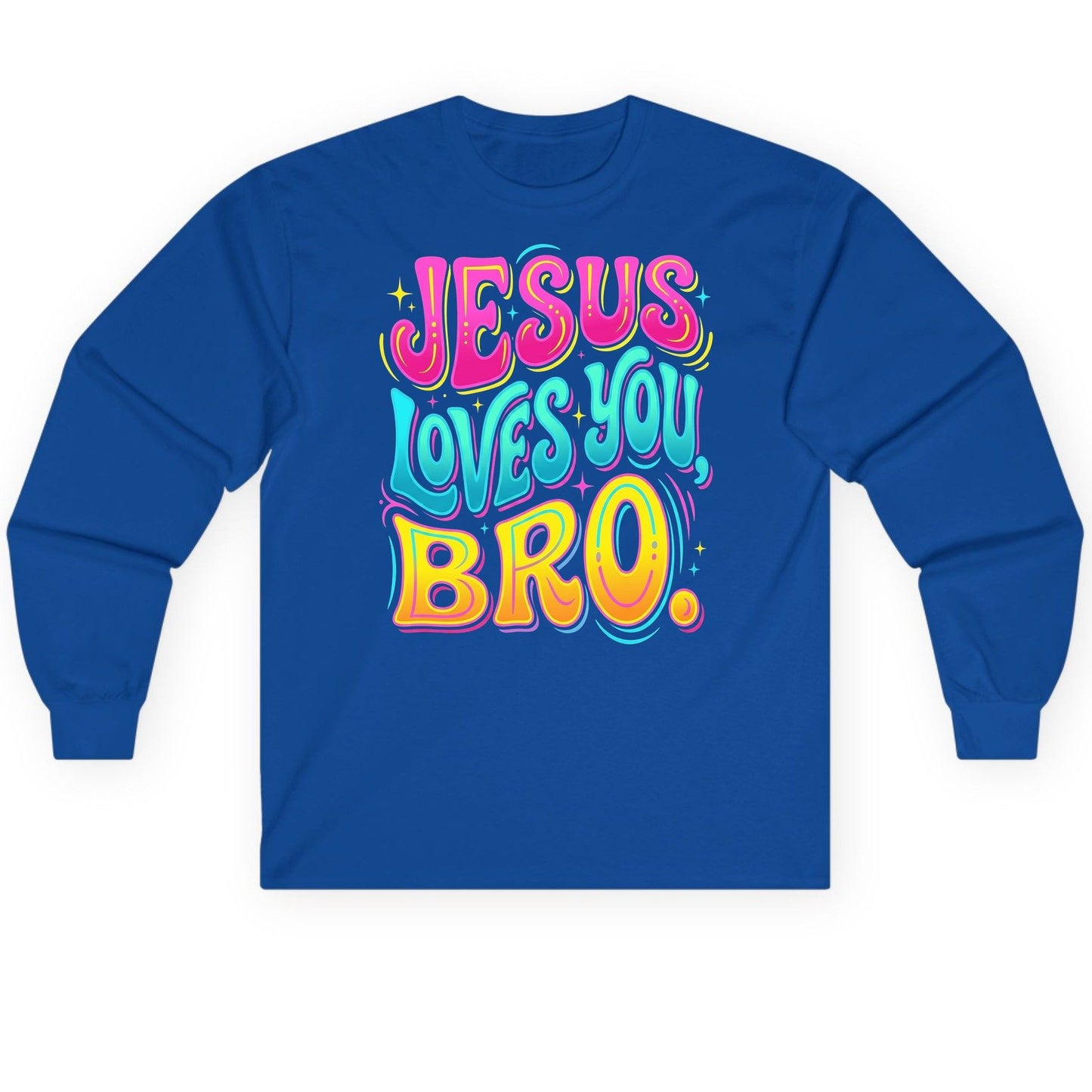 JESUS LOVES YOU BRO Retro Christian Long Sleeve Tee - product mockup - Royal