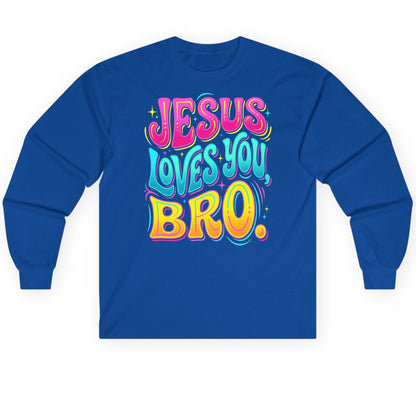 JESUS LOVES YOU BRO Retro Christian Long Sleeve Tee - product mockup - Royal