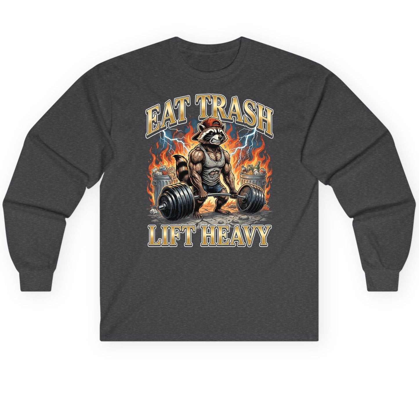 Eat Trash Lift Heavy raccoon Long Sleeve Tee Dark Heather product mockup
