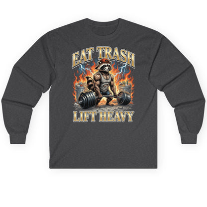 Eat Trash Lift Heavy raccoon Long Sleeve Tee Dark Heather product mockup