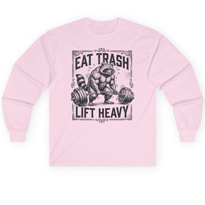 Eat Trash Lift Heavy raccoon Long Sleeve Tee Light Pink product mockup