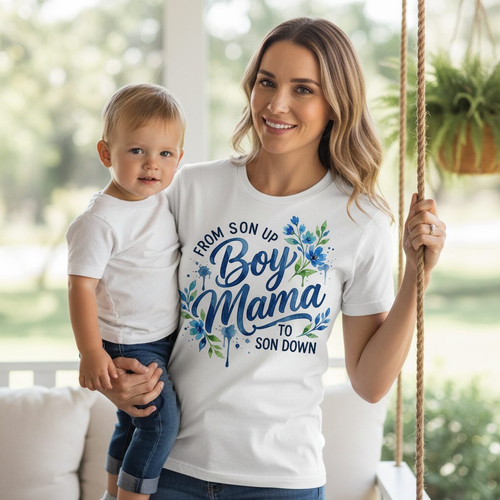From Son Up Boy Mama to Son Down Moms T-Shirt - lifestyle model mockup - White