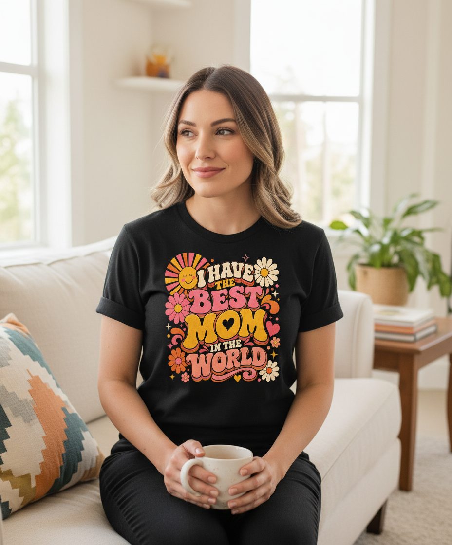 I HAVE THE BEST MOM IN THE WORLD Retro Mother's Day T-Shirt - lifestyle model mockup - Black