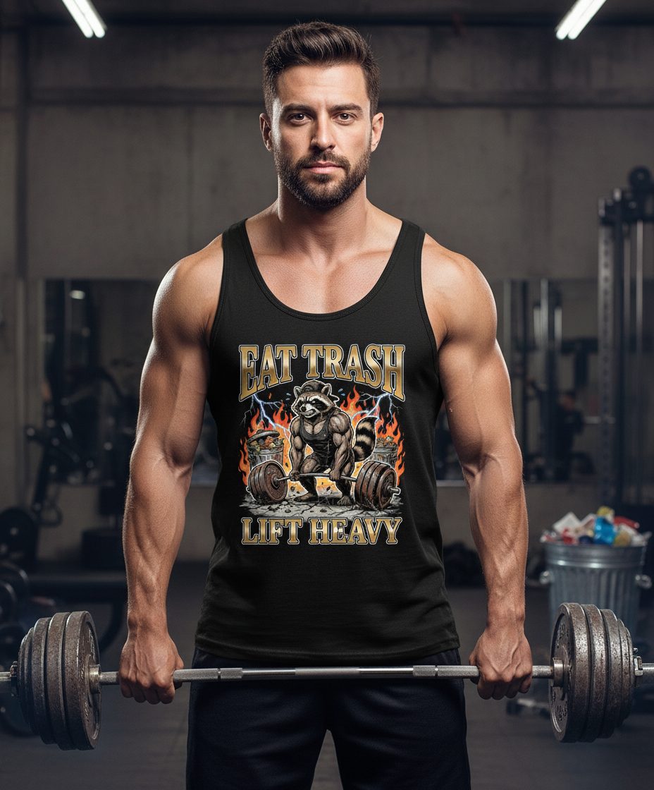 Eat Trash Lift Heavy weightlifting raccoon Tank Top Black lifestyle mockup