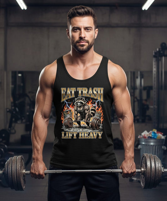 Eat Trash Lift Heavy weightlifting raccoon Tank Top Black lifestyle mockup