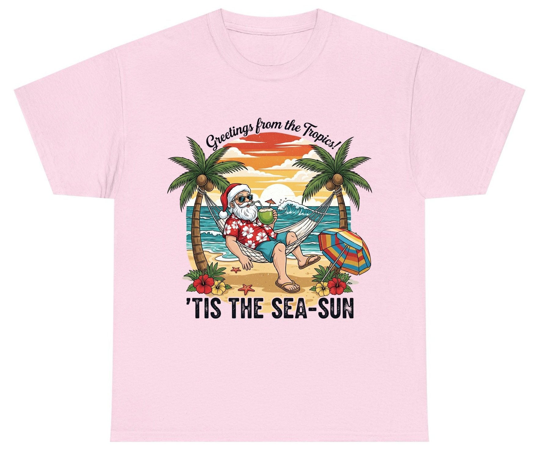 Greetings from the Tropics 'Tis the Sea-Sun santa claus on a tropical vacation Youth T-Shirt Light Pink product mockup