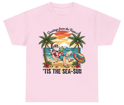 Greetings from the Tropics 'Tis the Sea-Sun santa claus on a tropical vacation Youth T-Shirt Light Pink product mockup