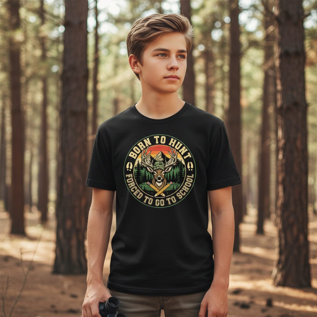 Born to Hunt Forced to Go to School hunting Youth T-Shirt Black lifestyle mockup