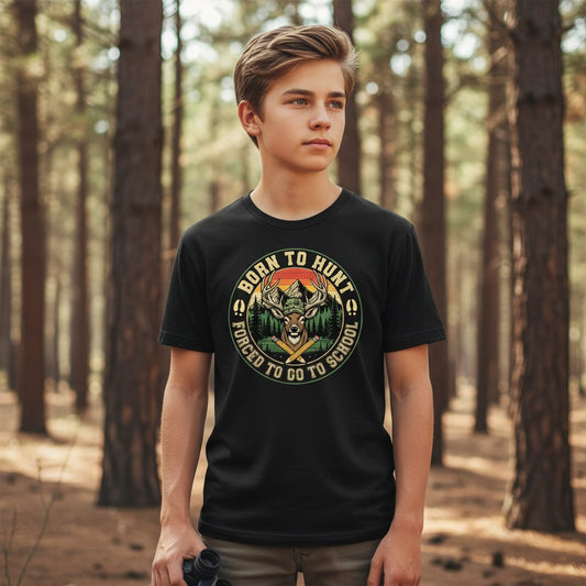Born to Hunt Forced to Go to School hunting Youth T-Shirt Black lifestyle mockup