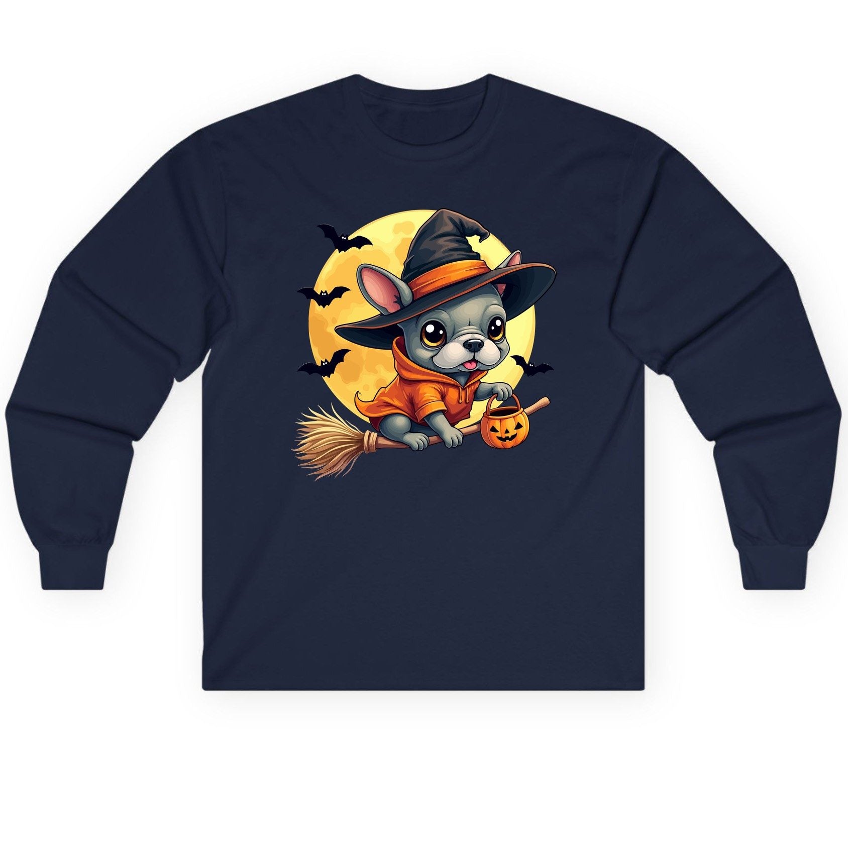 Cute Witch French Bulldog french bulldog Long Sleeve Tee Navy product mockup