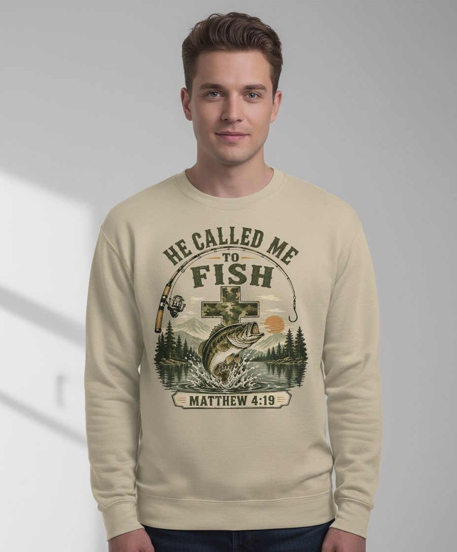 HE CALLED ME TO FISH Matthew 4 19 Christian Fishing Sweatshirt - product mockup - Sand