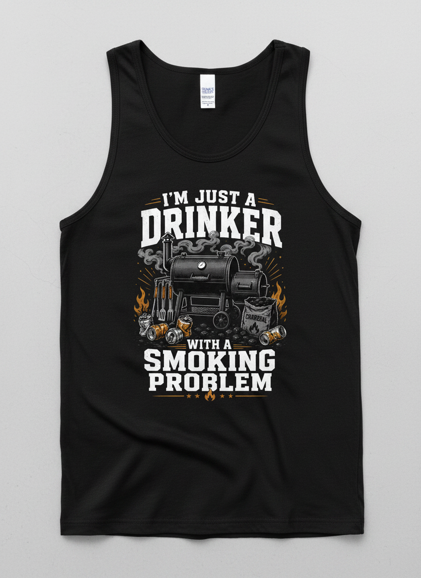 I'M JUST A DRINKER WITH A SMOKING PROBLEM Funny Drinker With A Smoking Problem BBQ Tank Top - product mockup - Black