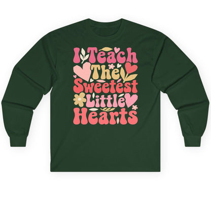 I Teach the Sweetest Little Hearts teaching Long Sleeve Tee Forest Green product mockup