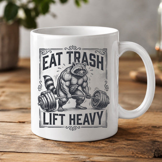 Eat Trash Lift Heavy raccoon White Mug White product mockup