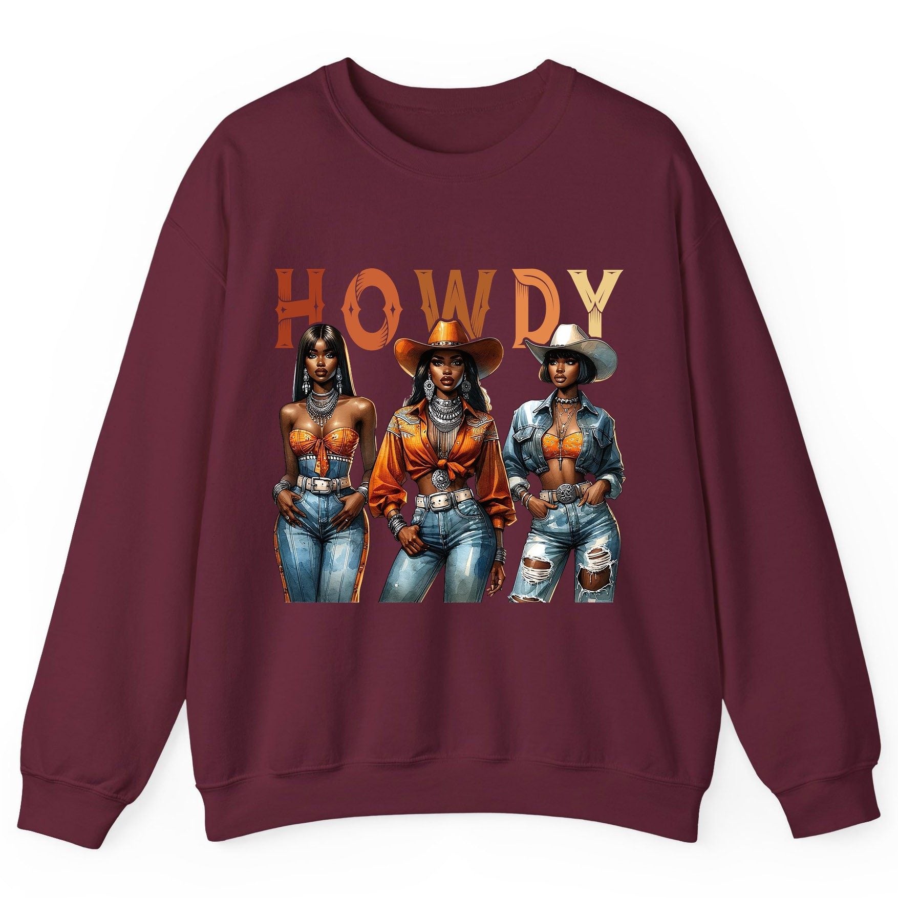 Howdy black cowgirls Sweatshirt Maroon product mockup