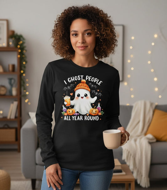I Ghost People All Year Round cute ghost Long Sleeve Tee Black lifestyle mockup