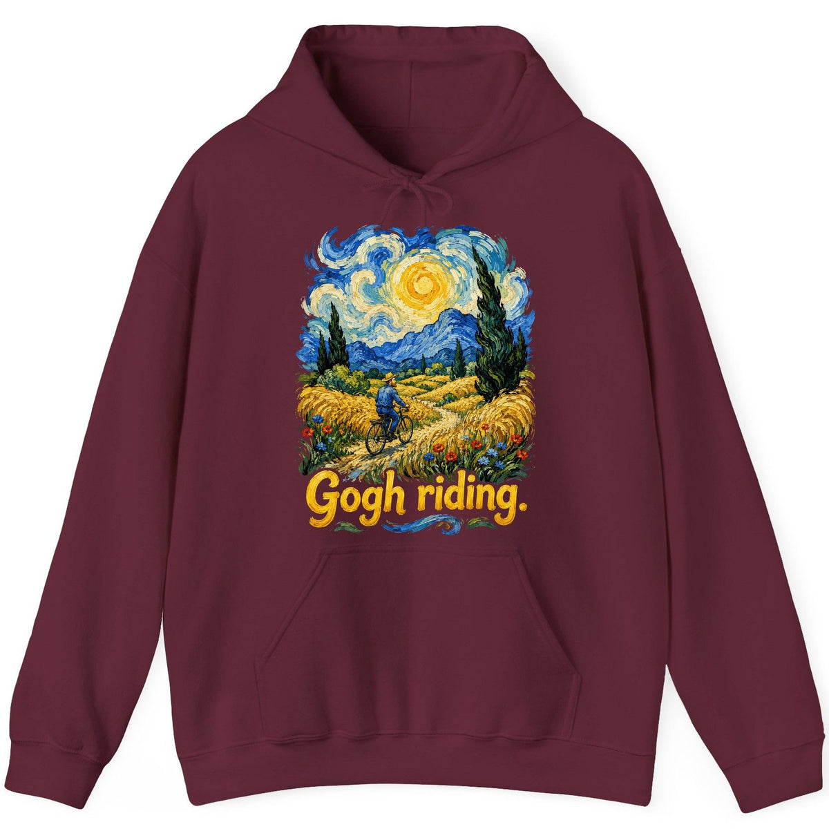 Gogh Riding van gogh art parody Hoodie Maroon product mockup