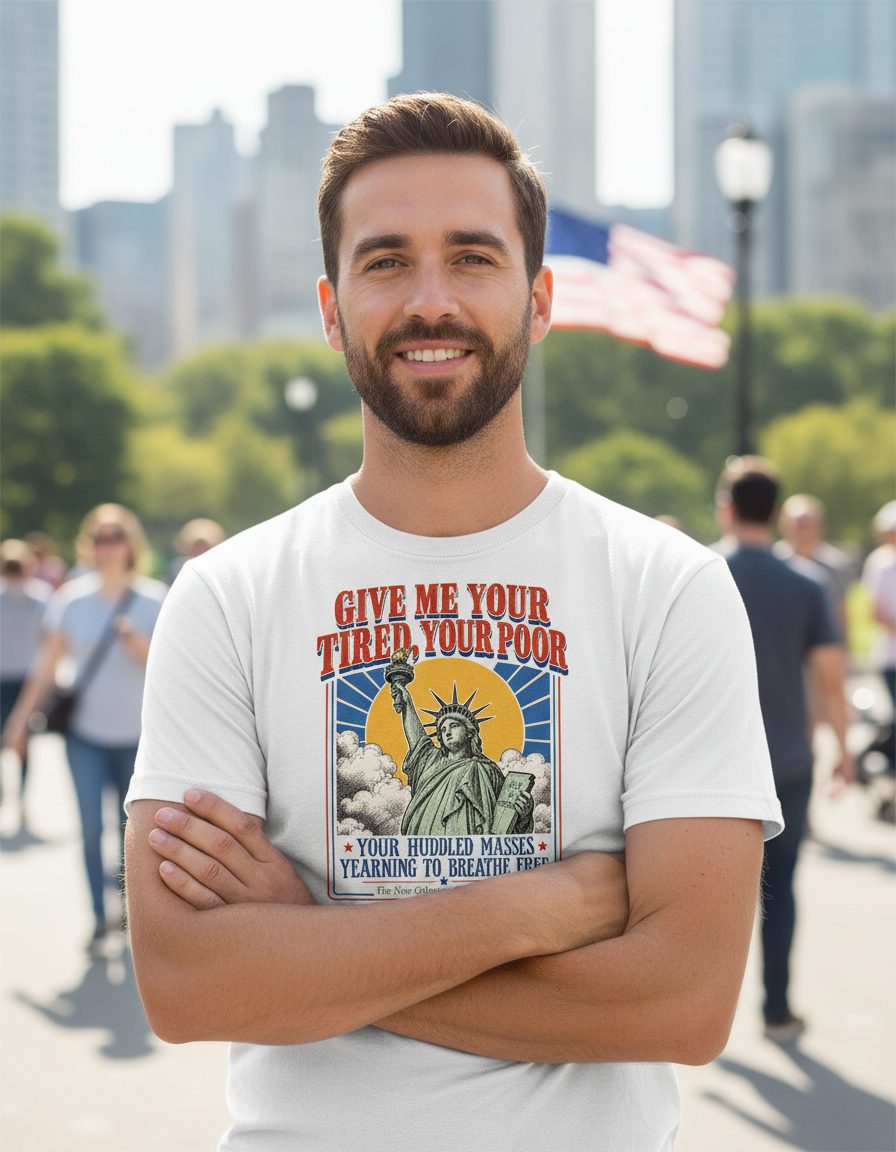 Give Me Your Tired Poor Patriotic Retro Statue of Liberty T-Shirt - lifestyle model mockup - White