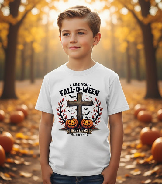 Are You Fall-O-Ween Jesus? christian Halloween Youth T-Shirt White lifestyle mockup