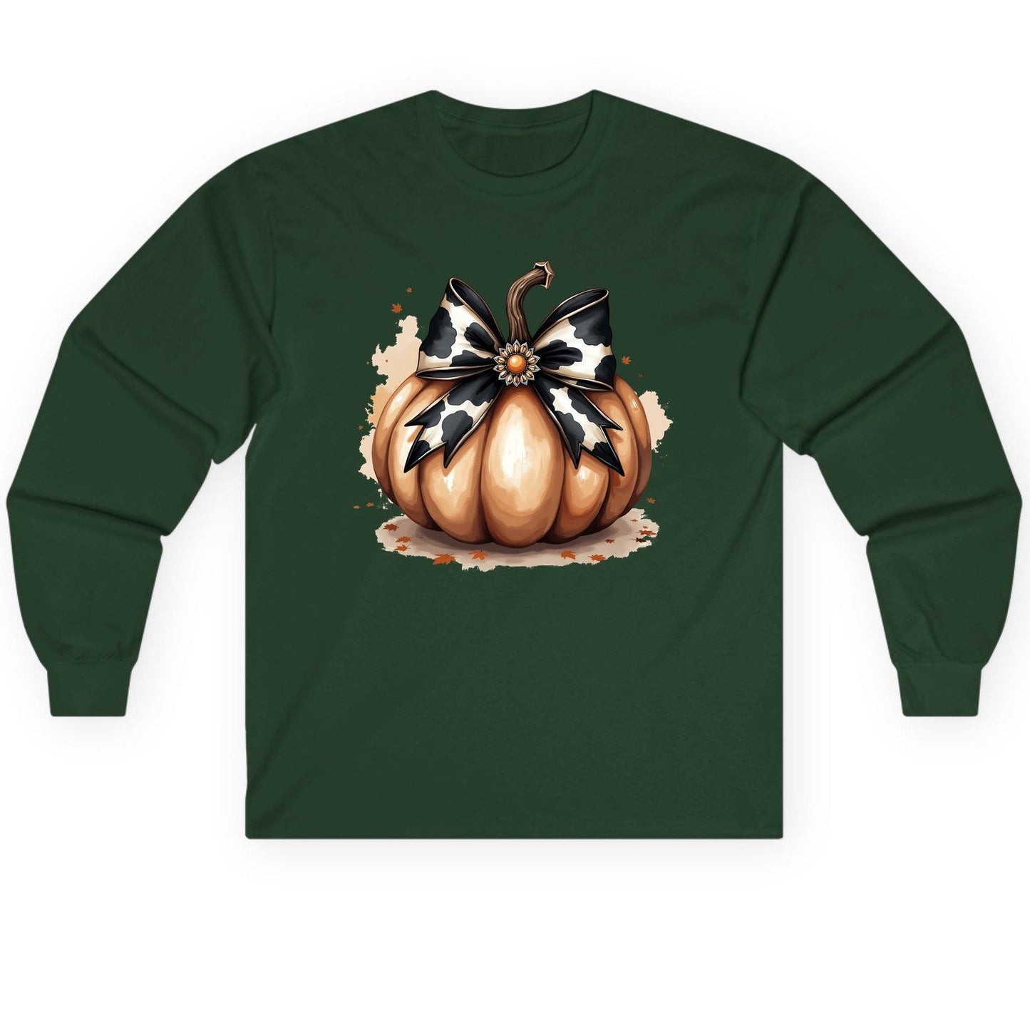 Cow Print Bow Pumpkin pumpkin Long Sleeve Tee Forest Green product mockup