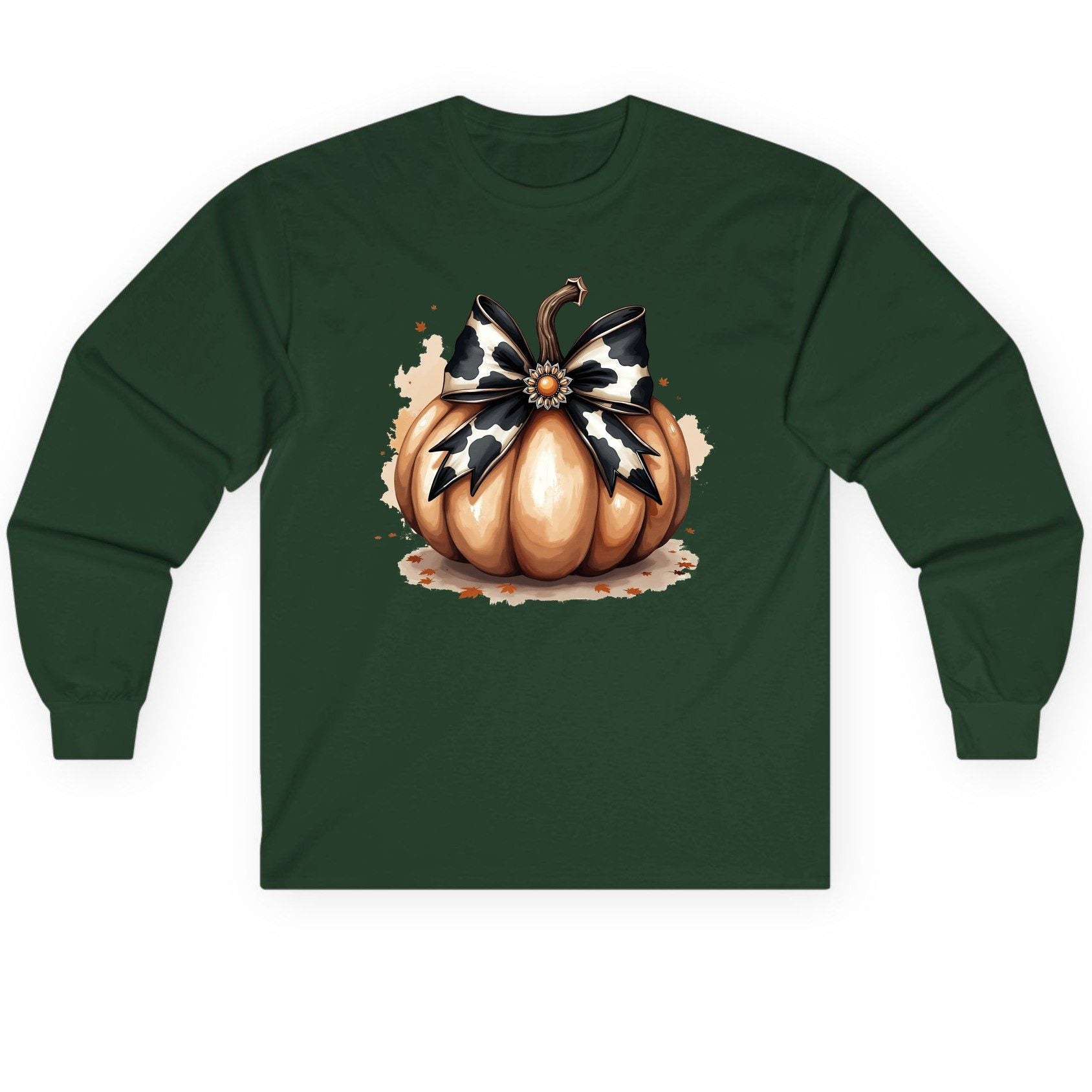 Cow Print Bow Pumpkin pumpkin Long Sleeve Tee Forest Green product mockup