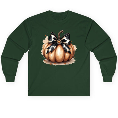 Cow Print Bow Pumpkin pumpkin Long Sleeve Tee Forest Green product mockup