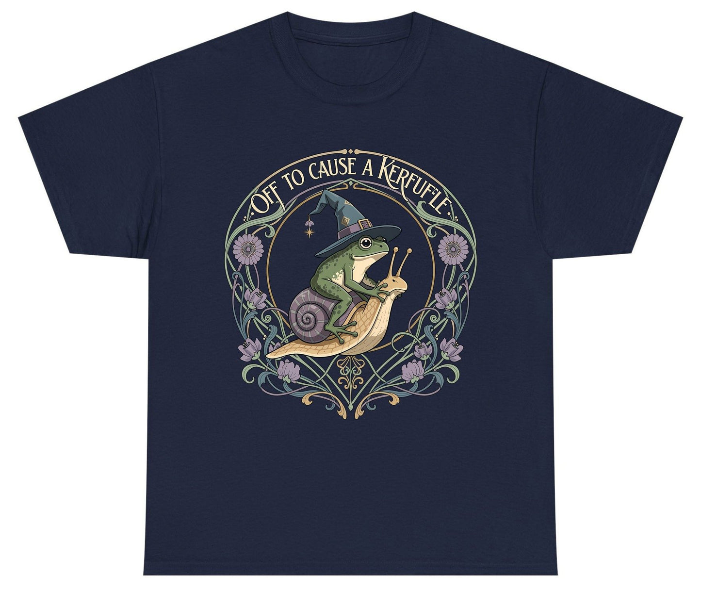 Off to Cause a Kerfuffle frog riding a snail Youth T-Shirt Navy product mockup