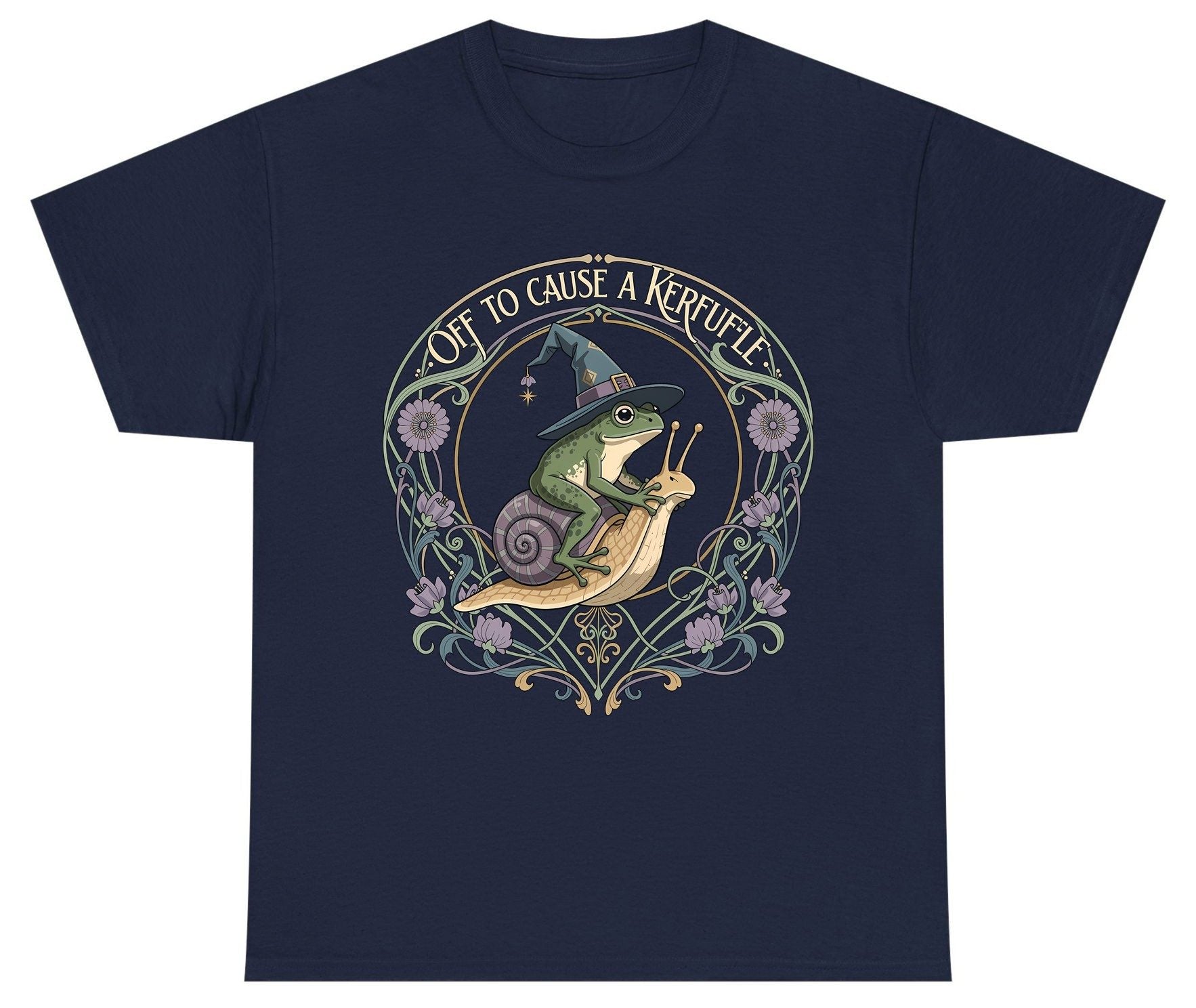 Off to Cause a Kerfuffle frog riding a snail Youth T-Shirt Navy product mockup