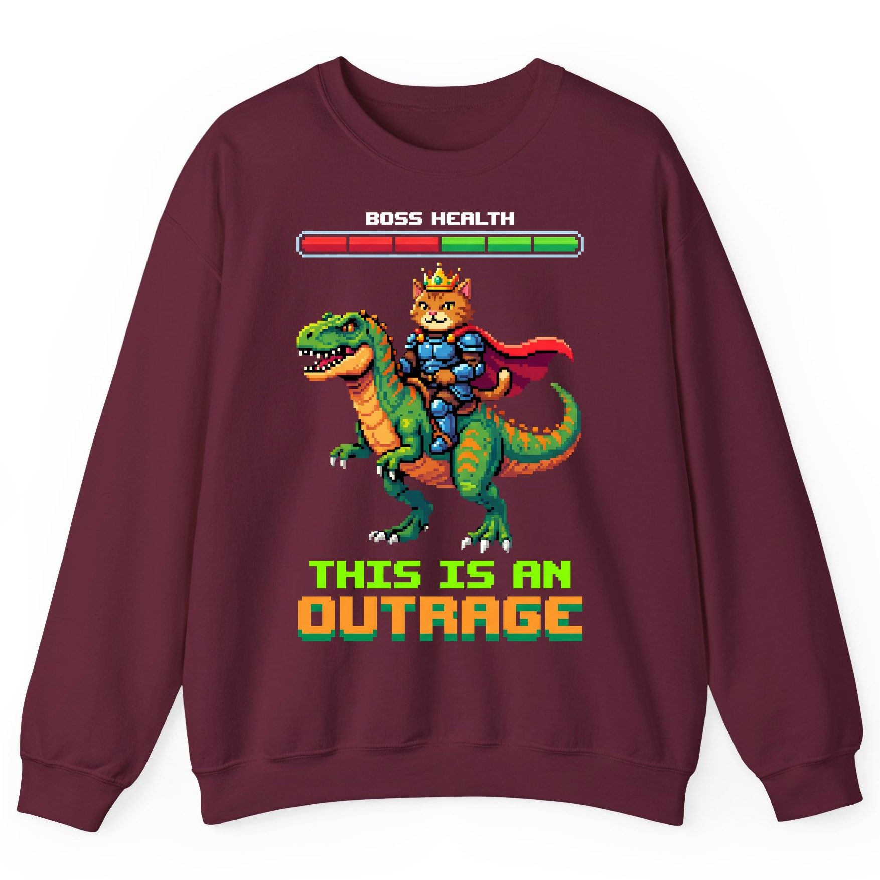 THIS IS AN OUTRAGE Cat riding a dinosaur Sweatshirt Maroon product mockup