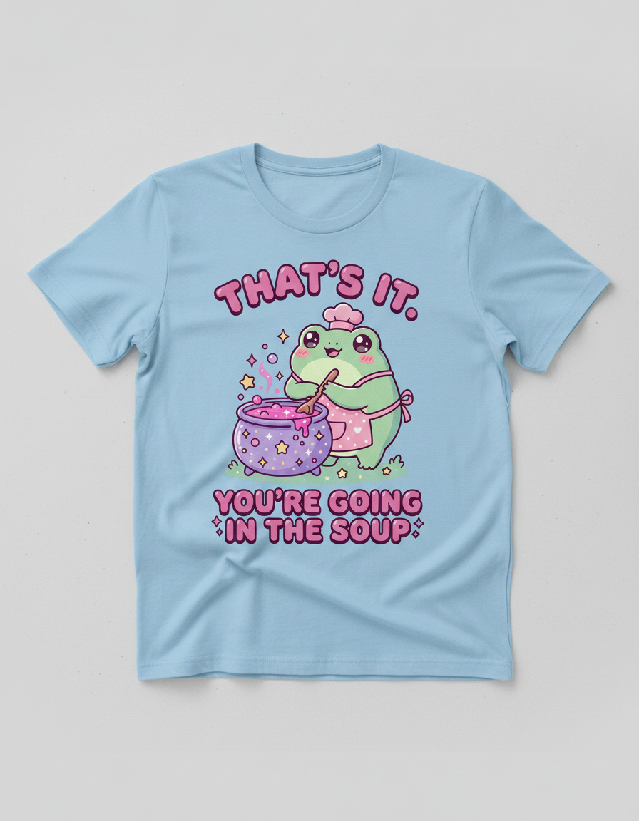 Kawaii Frog Chef "You're Going In The Soup" Funny Meme Design T-Shirt - Light Blue