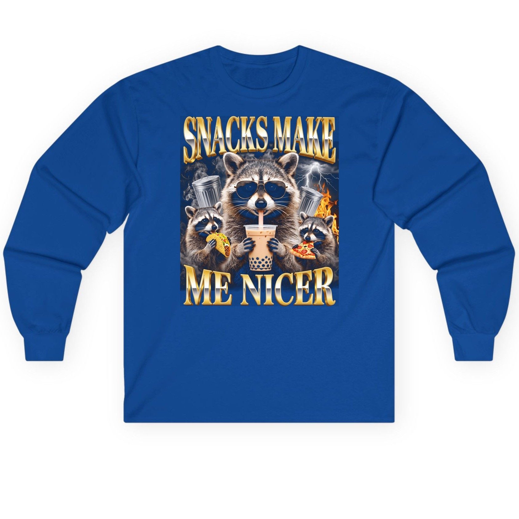 SNACKS MAKE ME NICER Funny Raccoon Long Sleeve Tee - product mockup - Royal