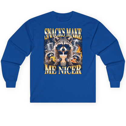 SNACKS MAKE ME NICER Funny Raccoon Long Sleeve Tee - product mockup - Royal