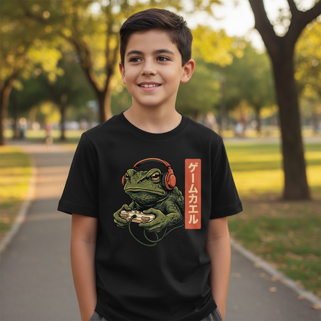 ゲームカエル gaming toad Youth T-Shirt Black lifestyle mockup