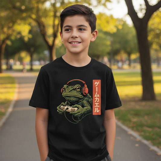 ゲームカエル gaming toad Youth T-Shirt Black lifestyle mockup