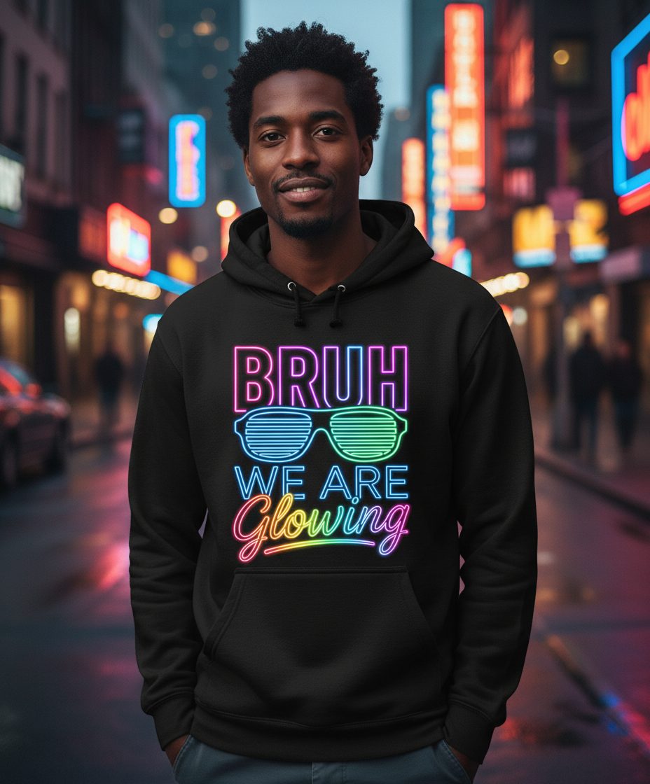 BRUH WE ARE Glowing Neon Party Hoodie Black lifestyle mockup