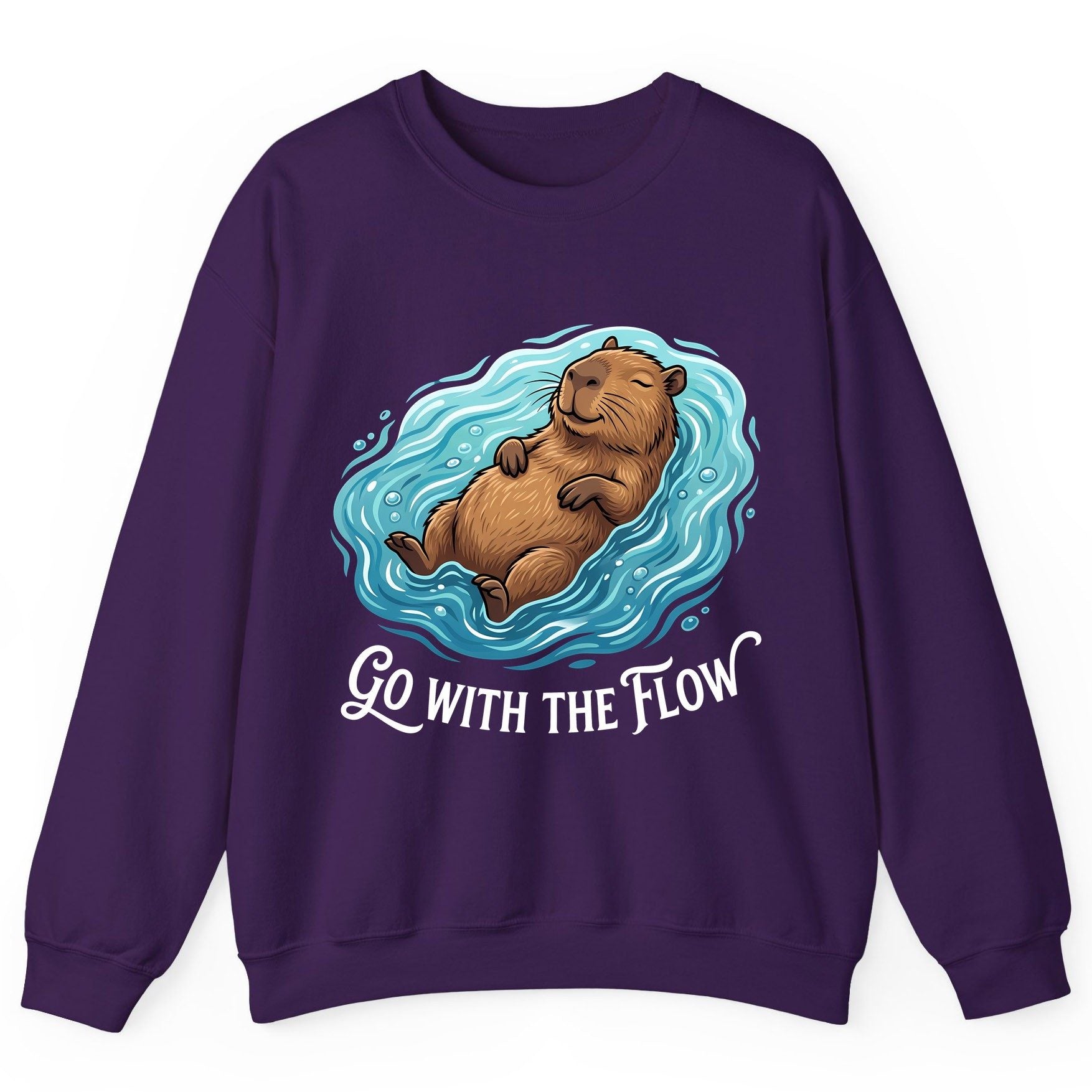 Go WITH THE Flow Funny Capybara Sweatshirt - product mockup - Purple