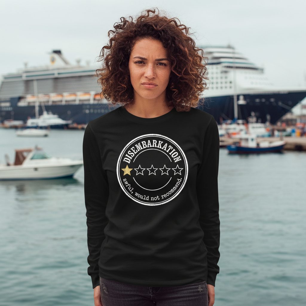 Disembarkation Awful, Would Not Recommend cruise disembarkation Long Sleeve Tee Black lifestyle mockup