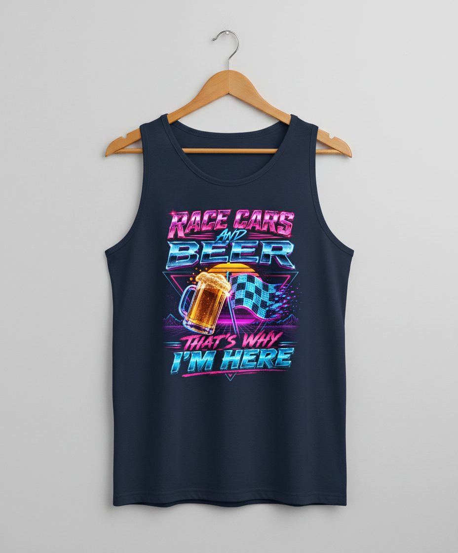 Race Cars and Beer That's Why I'm Here Retro Racing Tank Top - product mockup - Navy