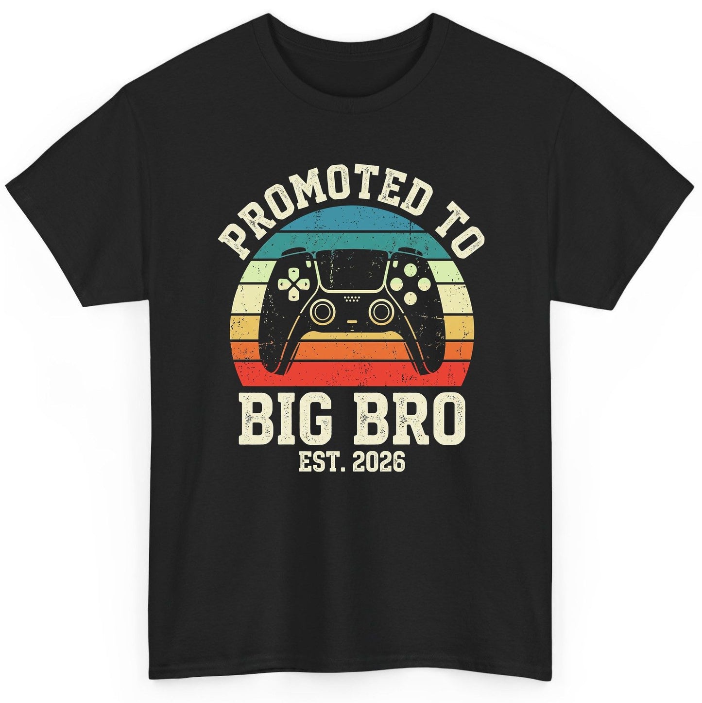 Promoted TO BIG BRO EST 2026 Retro Gaming T-Shirt - product mockup - Black