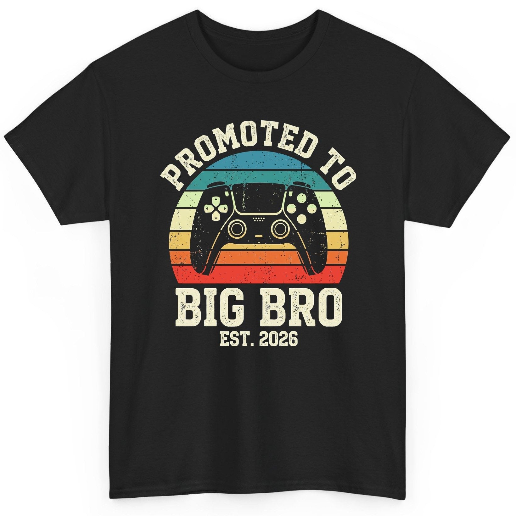 Promoted TO BIG BRO EST 2026 Retro Gaming T-Shirt - product mockup - Black